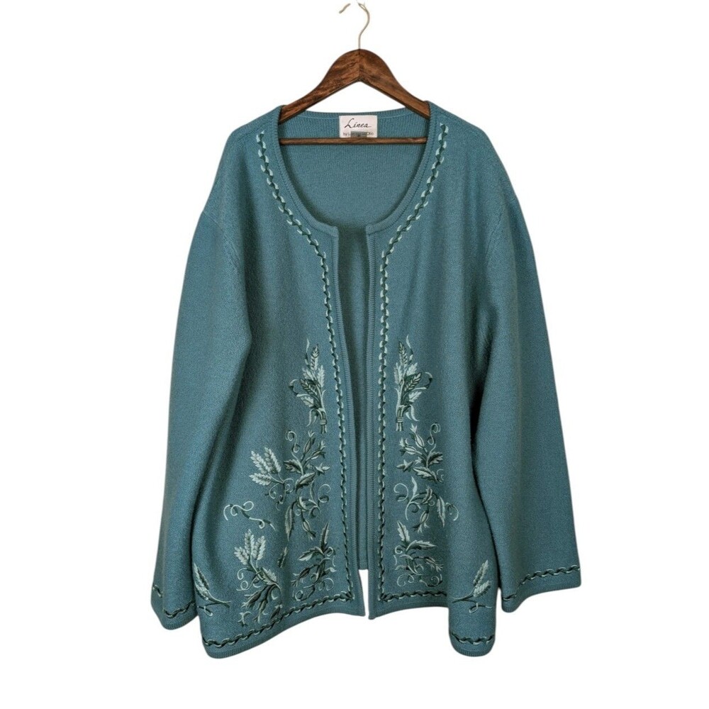 Linea Louis Dell'Olio Teal Blue 100% Wool Embroidered Open Sweater Jacket - 3X
